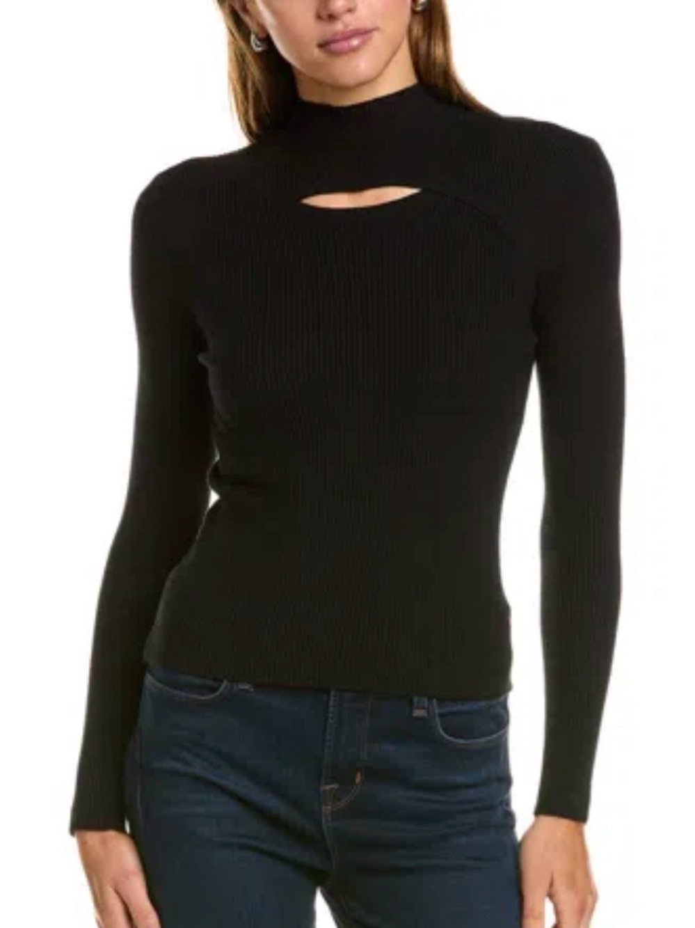 Lea & Viola Black Long-Sleeve Ribbed Cutout Mock Neck Top - XS